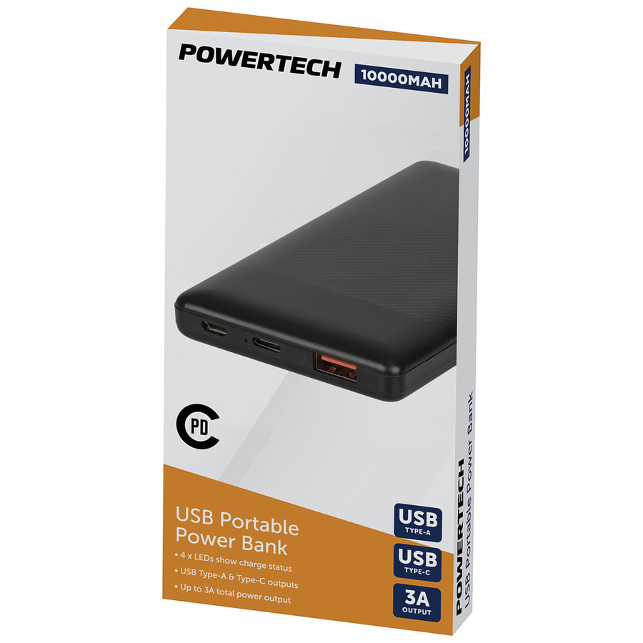 10,000mAh Power Bank with USB-C (PD) and USB-A Ports - Black