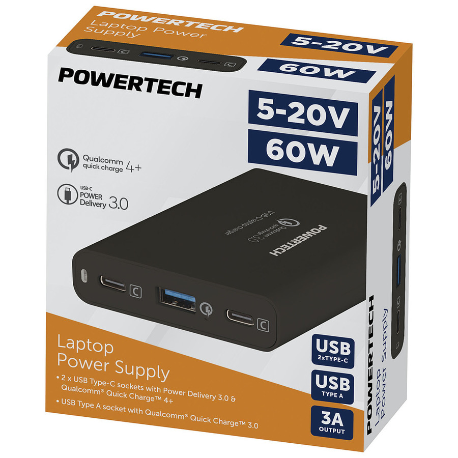 5-20V 60W Laptop Power Supply with 2 x USB-C (PD3.0QC4.0) and USB-A (QC3.0)