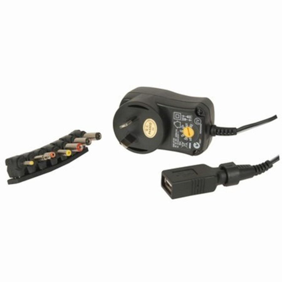 3-12V DC 27W Power Supply 7DC Plugs and USB Outlet 